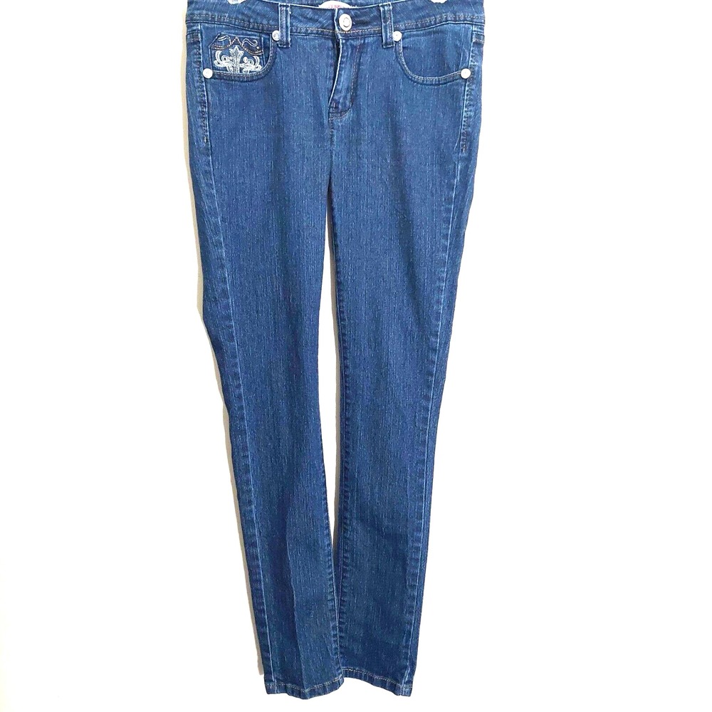 Bongo Jeans‎ Junior 7 Skinny Dark Wash Low Rise Denim Accent Embroidery Zipper